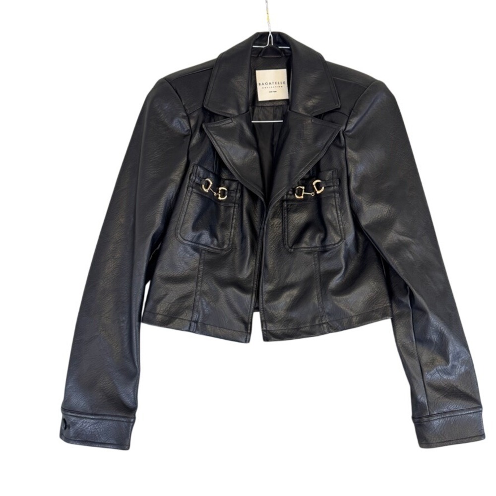 Bagatelle Collection Black Faux Leather Cropped Jacket Horsebit Detail 84208